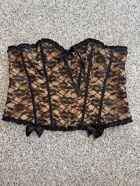 Black Lace-Overlay Strapless Bustier Corset with Nude Underlayer